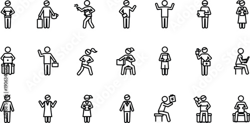 Set of business and casual stick figure icons showing people in various poses and with accessories person