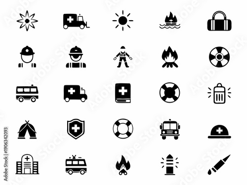 Collection of black silhouette icons representing emergency services and safety