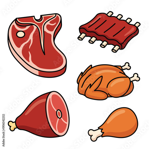 A set of five cartoon-style meat cuts