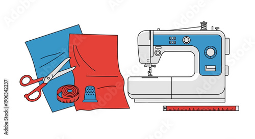 Sewing Machine, Fabric, Scissors, Thimble and Measuring Tape