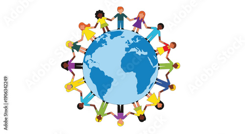 Diverse Children Holding Hands Around Earth Globe - Unity and Global Friendship