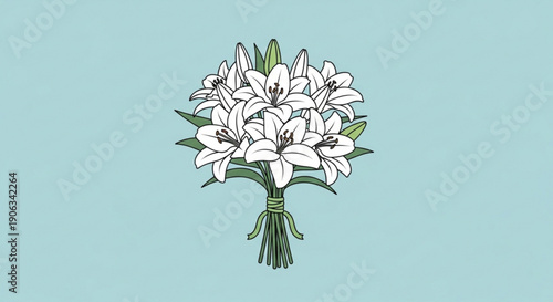 White Lily Bouquet on Light Blue Background, Isolated, Hand Drawn Illustration