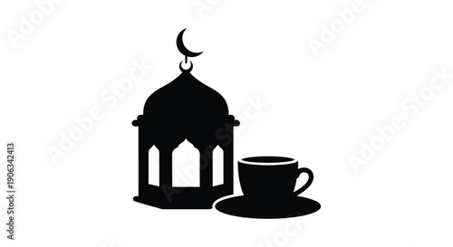 Ramadan Lantern with Coffee Cup and Crescent Moon Symbolizing Fasting and Reflection