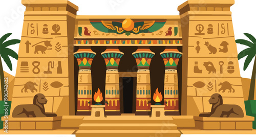 Ancient Egyptian Temple Flat Vector Illustration featuring Sandstone Columns Hieroglyphics and Historic Architecture for Travel Education and Egyptian Heritage Design