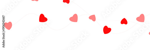 Paper pink heart string. Valentine day garland. Hanging Red and Pink Paper Hearts Seamless Border. Wedding banner. Happy Holiday decoration. Birthday party bg. 8 March card. Vector illustration