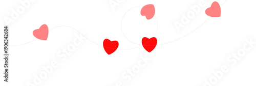 Paper pink heart string. Valentine day garland. Hanging Red and Pink Paper Hearts Seamless Border. Wedding banner. Happy Holiday decoration. Birthday party bg. 8 March card. Vector illustration