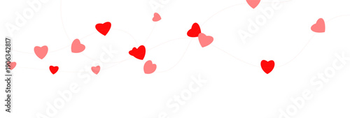 Paper pink heart string. Valentine day garland. Hanging Red and Pink Paper Hearts Seamless Border. Wedding banner. Happy Holiday decoration. Birthday party bg. 8 March card. Vector illustration