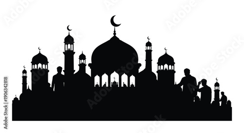 Silhouette of mosque with people praying at night with crescent moon