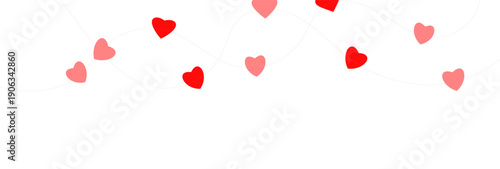 Paper pink heart string. Valentine day garland. Hanging Red and Pink Paper Hearts Seamless Border. Wedding banner. Happy Holiday decoration. Birthday party bg. 8 March card. Vector illustration