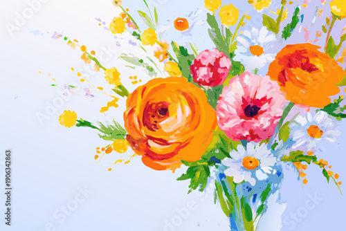 A vibrant colorful bouquet of painted flowers against a light background