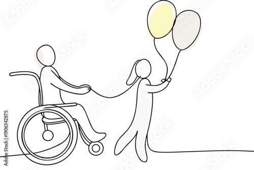 A simple line drawing of a person in a wheelchair and a child with balloons