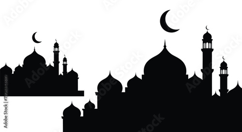 Islamic cityscape silhouette with crescent moons and minarets at dusk