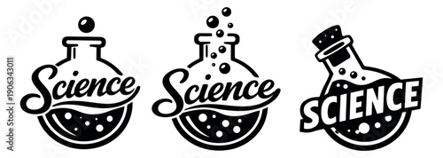 Black and white graphic science set featuring laboratory flasks with 'Science' text and bubbling liquid for education