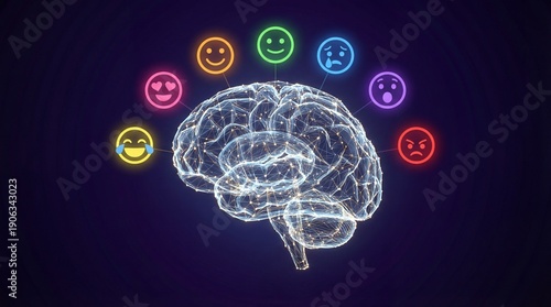 Human brain illustration representing diverse emotional responses with glowing emojis symbolizing various feelings and mental states in a digital art style.