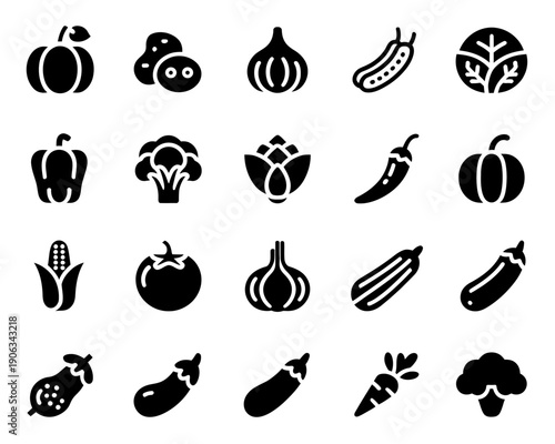 A set of 20 black and white vegetable arranged in a grid pumpkin