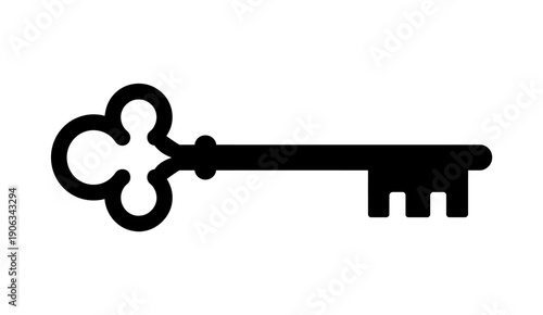A simple black silhouette of a key with a bow and teeth