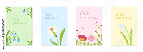 Hello Spring 4 greeting cards collection. Delicate postcard with flowers. Seasonal hand drawn card, poster, web banner. Vector illustration on pastel background.