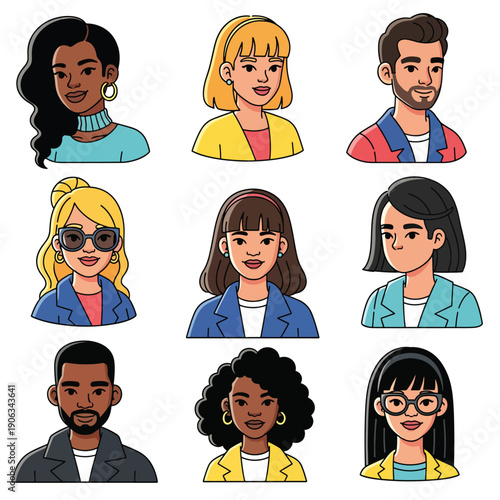 A set of nine diverse cartoon-style human portraits