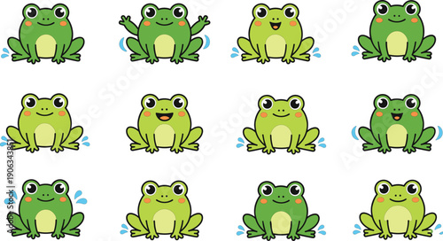 Cute Frog Cartoon Character Set Isolated on White Background Flat Vector Illustration