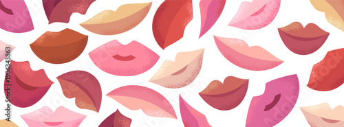 Valentine`s Day vector pattern with colorful lips isolated on white background. Illustration template for print, fabric, invitation, brochure, card, wallpaper
