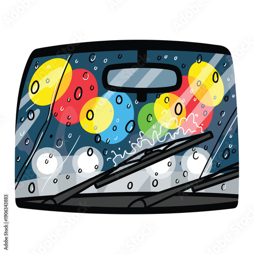 A colorful cartoon car windshield with wipers