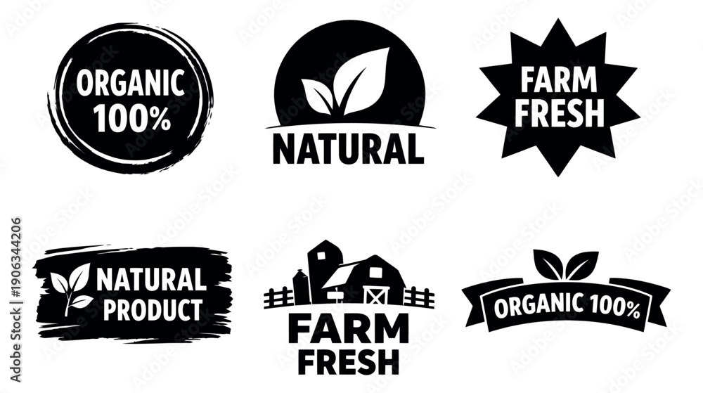 Obraz premium Hand drawn style food product labels set featuring organic, natural, and farm fresh branding for packaging and marketing