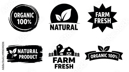 Hand drawn style food product labels set featuring organic, natural, and farm fresh branding for packaging and marketing