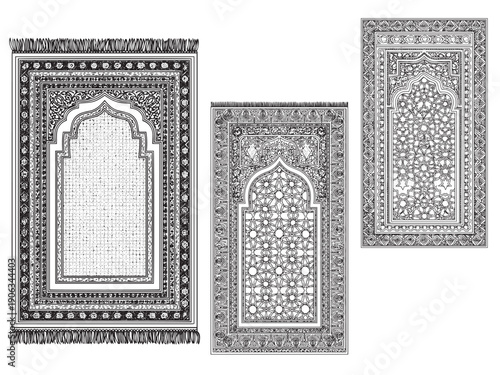 Islamic prayer rug engraving illustration for Ramadan worship branding