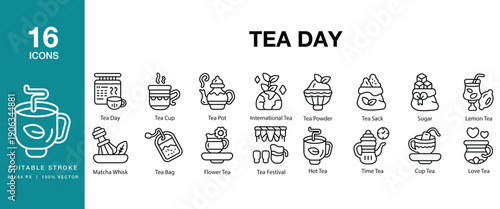 Tea Day icon set. Includes tea, beverage, drink, cup, teapot, herbal, green and More. Editable Stroke Icon Collection.
