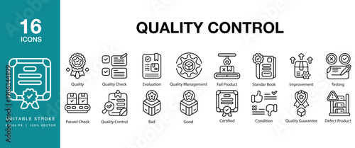 Quality Control icon set. Includes quality, control, inspection, assurance, testing and More. Editable Stroke Icon Collection.