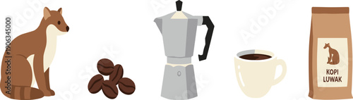 Kopi Luwak Coffee Brewing Concept Set Isolated on White Background Flat Vector Illustration