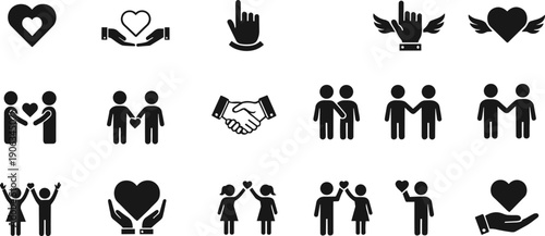 Love and relationship icon collection with hearts couples handshake friendship and helping hands isolated on white background solid silhouette vector illustration set