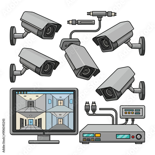 A computer monitor displaying four security camera feeds surrounded by cameras