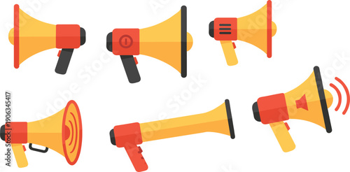 Megaphone Loudspeaker Set Isolated on White Background Flat Vector Illustration