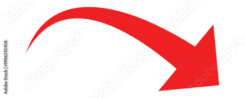 Red downward curved arrow icon. This arrow icon indicate navigation, downfall, un improvement, loss, unsuccess etc. Red curved arrow icon isolated on white background. Vector illustration.