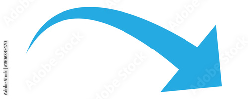 A simple blue curved arrow with a clean arc design. Useful for digital designers creating pagination, slide transitions, website navigation, downfall etc. Isolated on white background. Eps 10