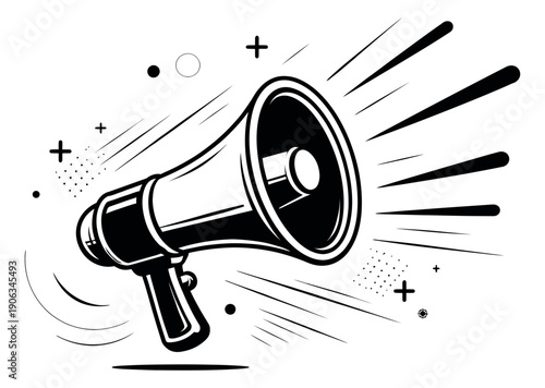 Line art illustration of a megaphone depicting a message broadcast for advertising and promotion