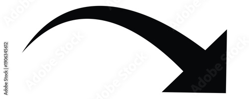 A simple black arrow curves downward and to the right, indicating direction or a downward trend. This arrow icon use for direction,  movement down, downfall , business loss , un success etc. EPS10