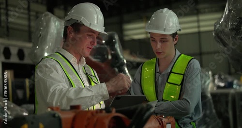 Engineering supervisor mentors trainee in robotics environment, emphasizing the importance of leadership, communication, and continuous education in managing complex machinery and technical processes
