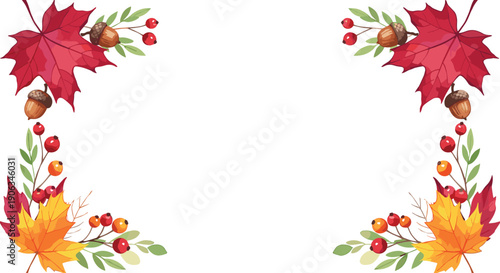 Autumn leaves decorative frame vector with maple foliage berries and acorns isolated on white background for fall seasonal greeting design