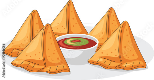 Samosa with Dipping Sauce on Plate Isolated on White Background Flat Vector Illustration