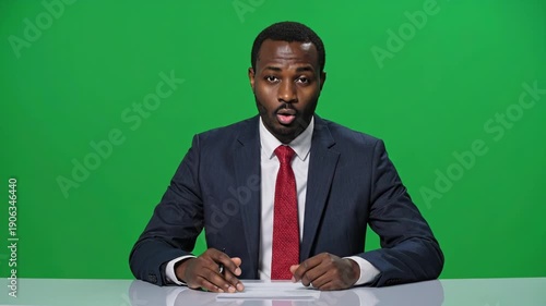 Wallpaper Mural Male News Presenter Sitting at Desk in Front of Green Screen Torontodigital.ca