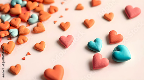 Cute Pastel Heart Candies Scattered on a Soft Pink Surface for Sweet Valentine Celebrations