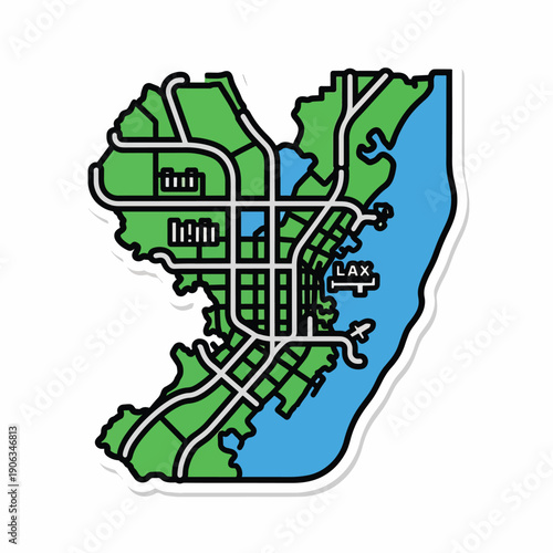 A map of an area with roads and water