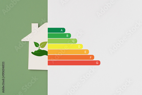 House energy efficiency, eco home renovation save cost. Low consumption ecological house, Sustainable Development Concept, house with plant icon and energy efficiency scale on green and white