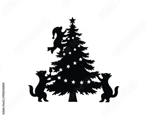 Whimsical animal friends joyfully decorating a festive Christmas tree, adding shimmering lights and a bright star to celebrate the heartwarming holiday season with cheer and merriment