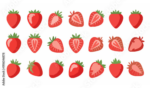 Strawberry icon set whole sliced and halved fruit vector illustration