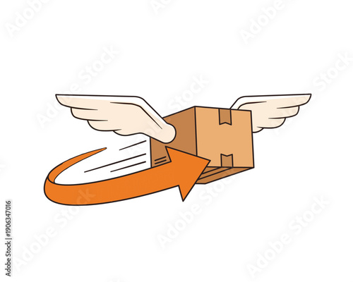 Express delivery package with wings and motion arrow, symbolizing fast shipping and logistics