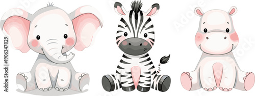 Cute baby safari animals vector set with elephant zebra and hippo sitting characters isolated on white background for nursery designs