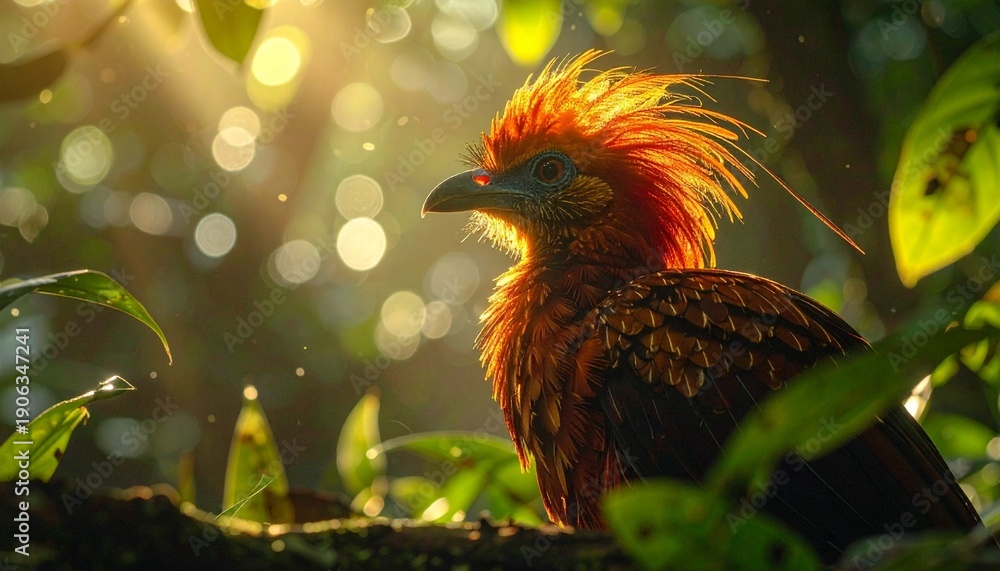 Fototapeta premium Vibrant bird with orange plumage in lush forest.